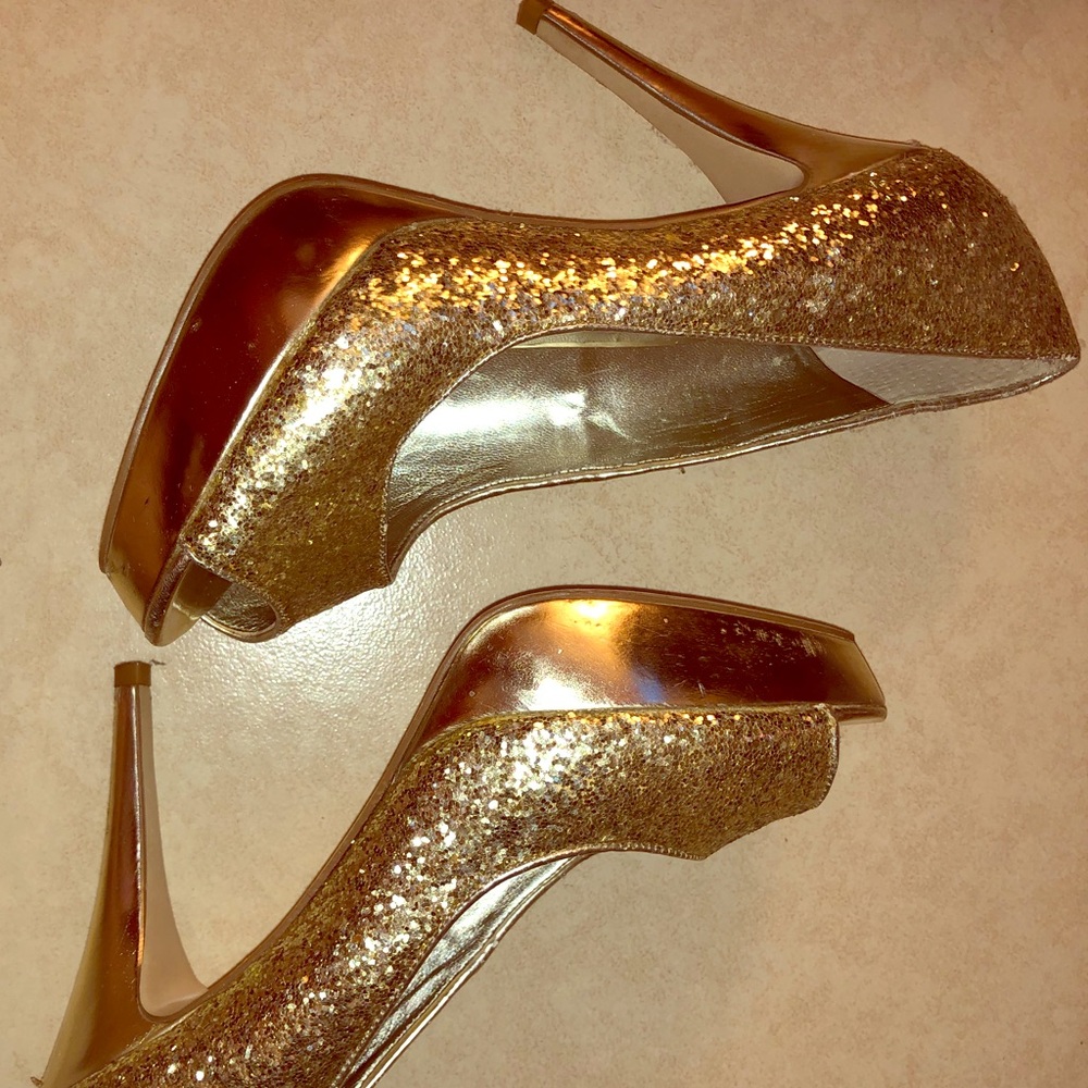 Guess Gold Glitter Peeptoe Platform Pumps
